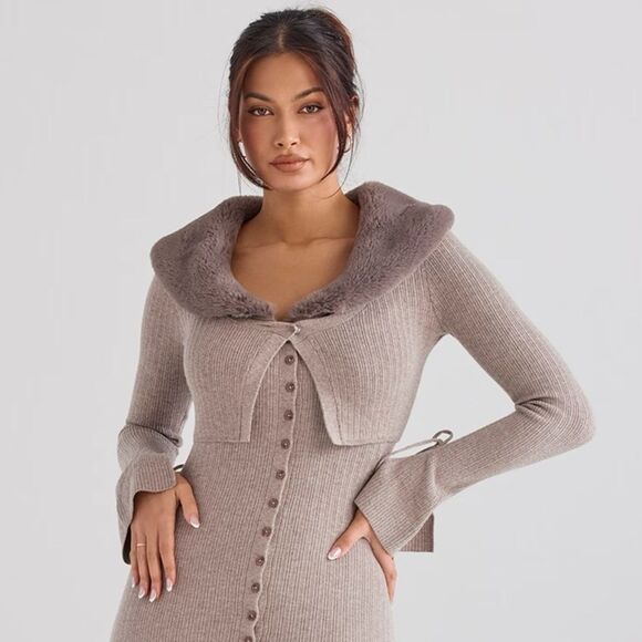 House of CB Fur Trim Knit Cashmere Crop Cardigan S - Camel / Dark Beige - Picture 3 of 5